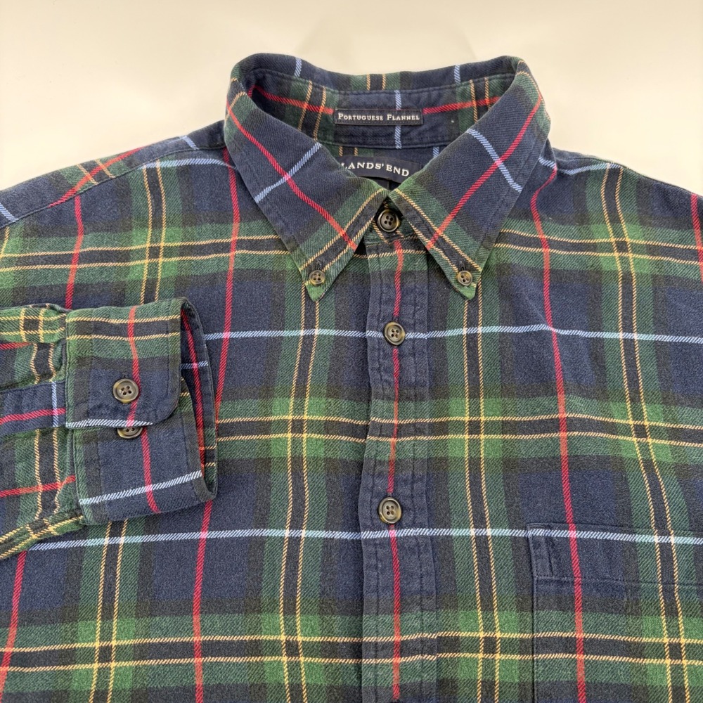 Lands End Portuguese Flannel Plaid Button Up Shirt Men's L Blue Green Red Yellow